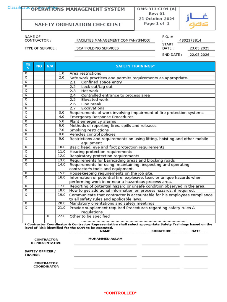 GAS_ Safety or. Checklist | PDF | Safety | Working Conditions