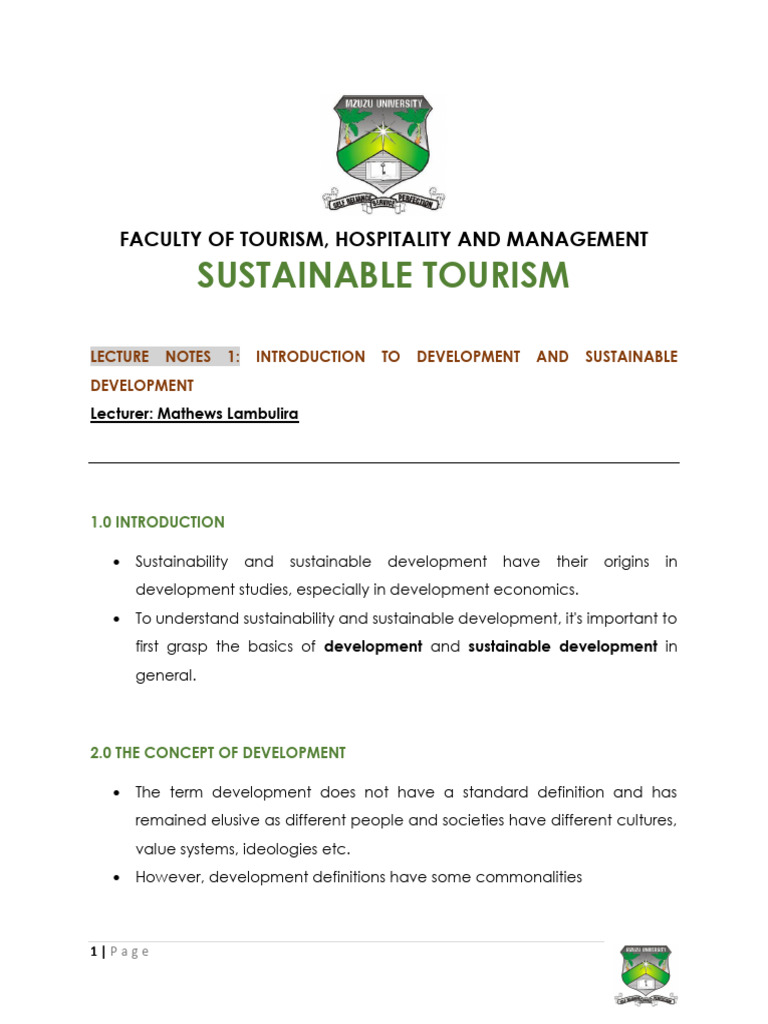 Sustainable Tourism Notes 1 - Introudction To Development and ...