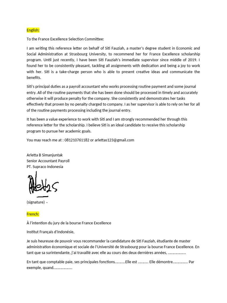 Reference Letter Template - France Excellence Scholarship | PDF