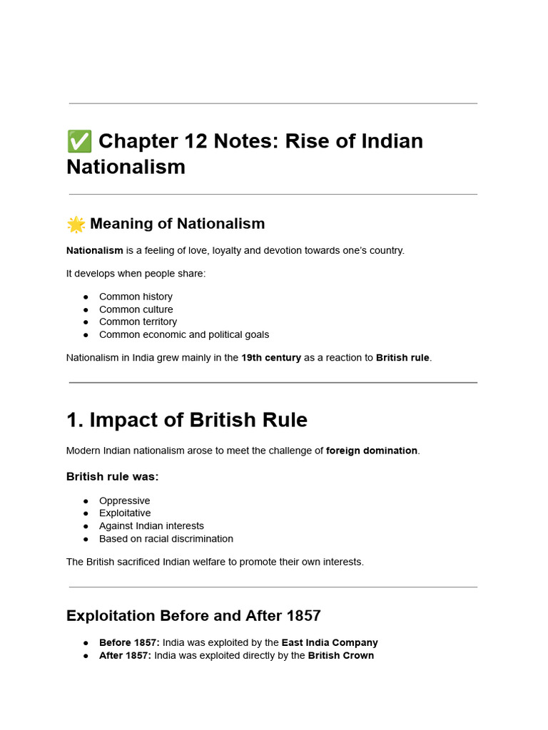 Chapter 12 Notes_ Rise of Indian Nationalism | PDF | British Raj ...