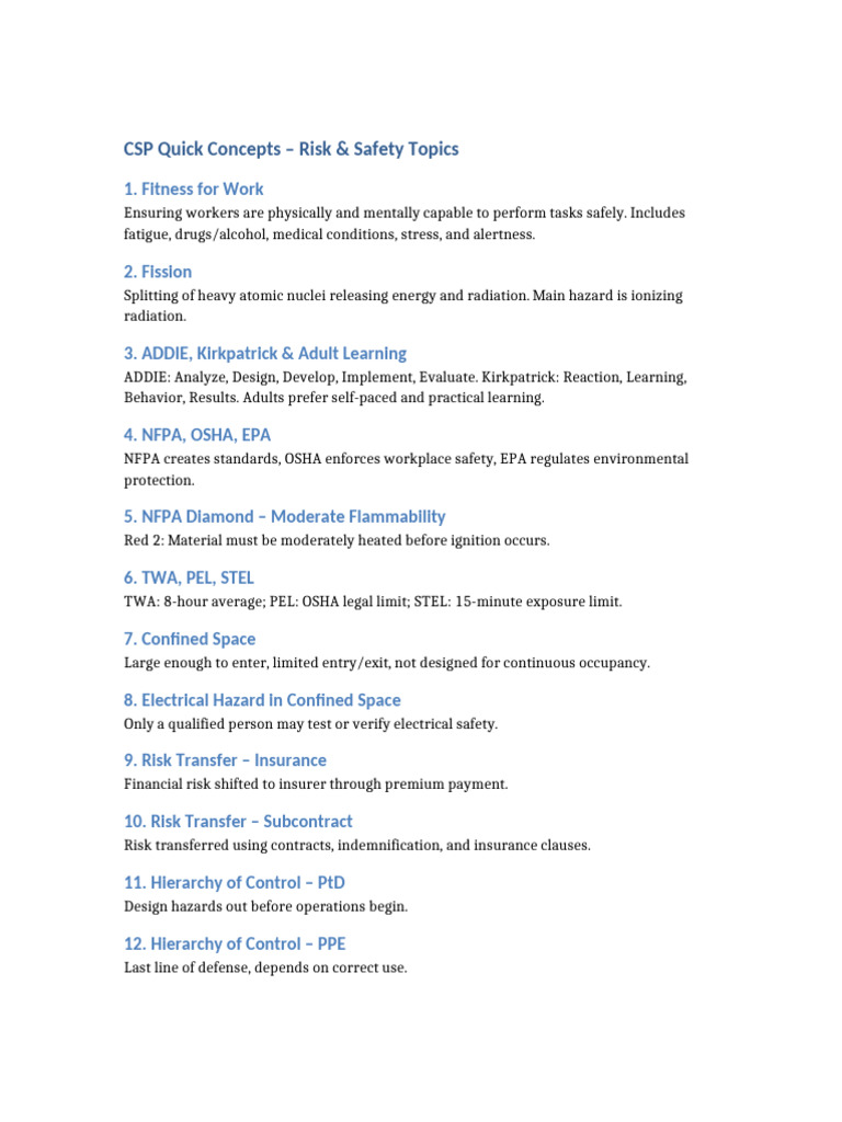 CSP Quick Concepts | PDF | Occupational Safety And Health ...