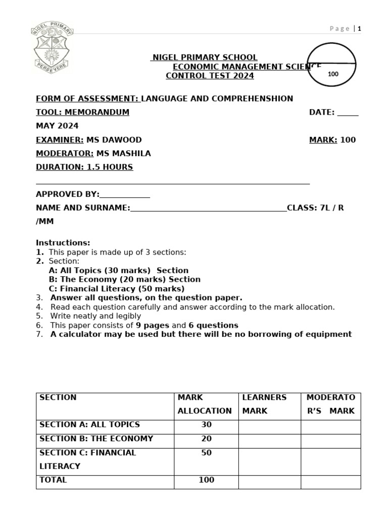 Grade 7 EMS Exam June 2022 | PDF | Money | Banks