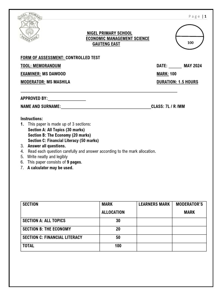 Grade 7 EMS Exam June 2024 | PDF | Money | Banks