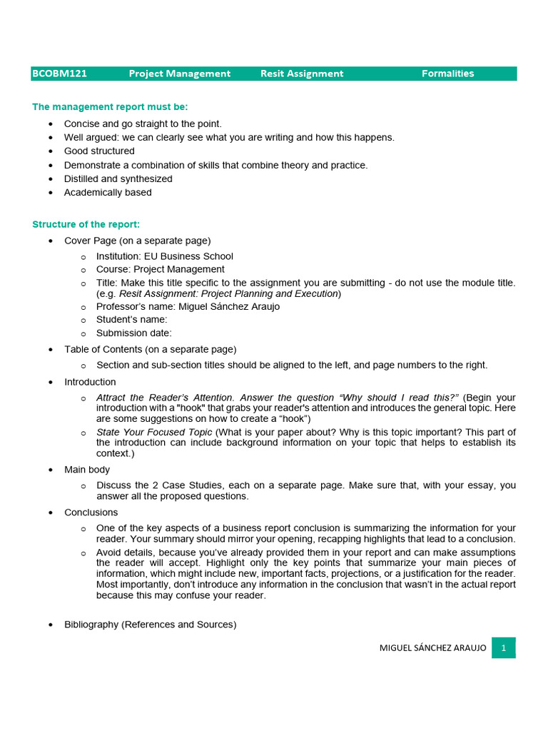 Resit Assignment. BCOBM121. Project Management. Formalities | PDF ...