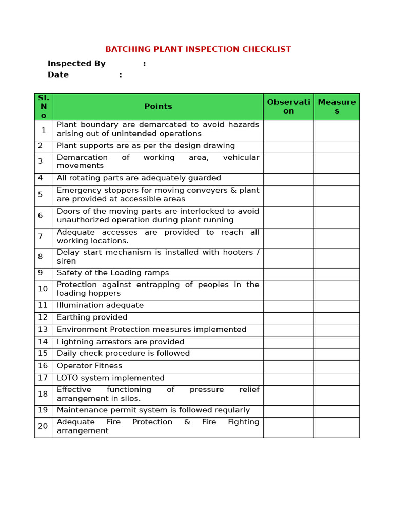 Batching Plant Check List | PDF