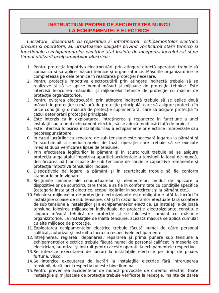 06 - Instructiuni Echipamente Electrice | PDF