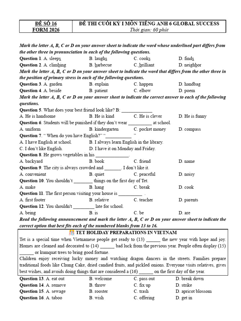 L P 6 Hk1 Form 2026 Test 16 | PDF