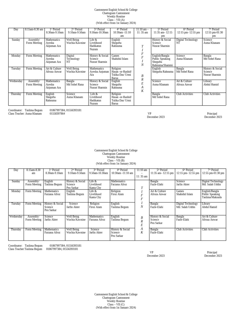 Class-Vii Weekly Routine - 2024 | PDF
