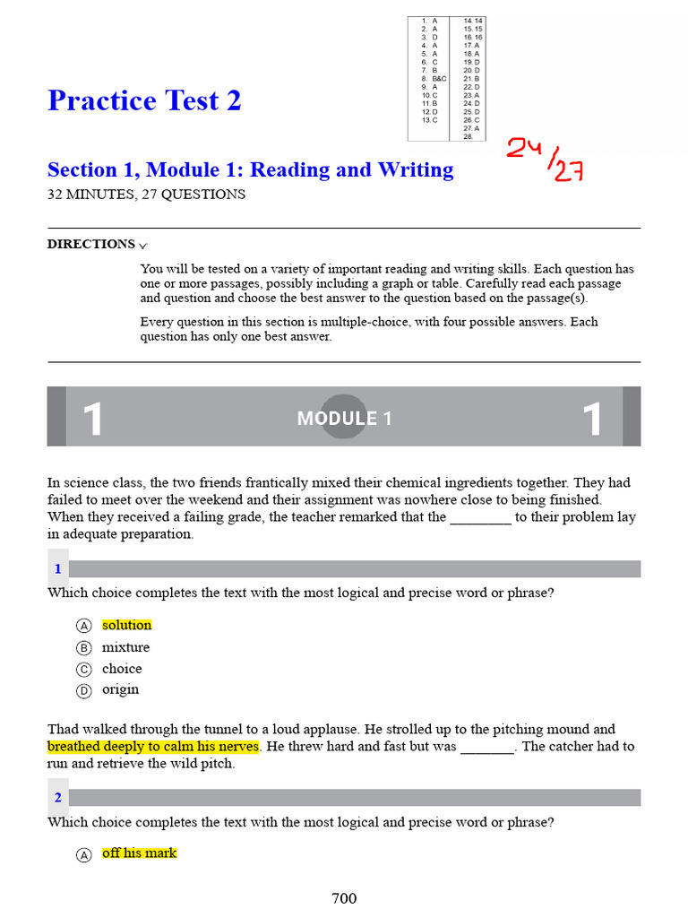 Barron's Digital SAT Practice Test 2 Module 1 RW 1 | PDF | Myocardial ...