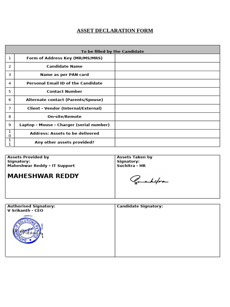 Asset Declaration Form (1) | PDF