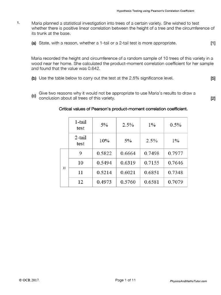 Hypothesis Testing Using Pearson's Correlation Coefficient | PDF ...