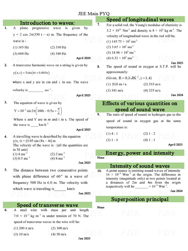 Waves JEE Main 2024 (Student Copy) | PDF