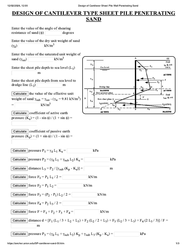 Design of Cantilever Sheet Pile Wall Penetrating Sand | PDF