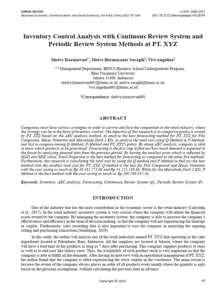 Inventory Control Analysis With Continous Review System and Periodic ...