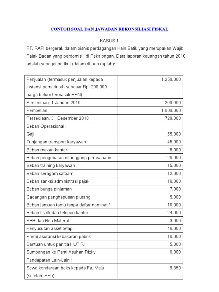 Contoh Soal Dan Jawaban Rekonsiliasi Fiskal Kasus 1 Pt