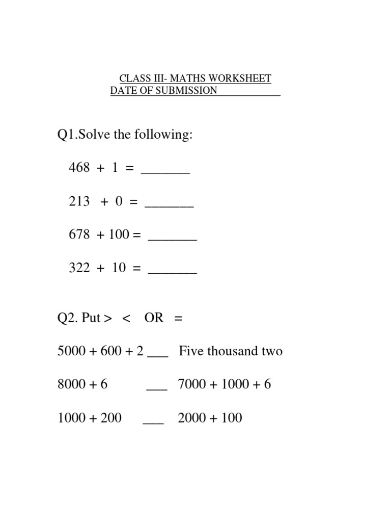 Addition Worksheet For Class 3 | PDF