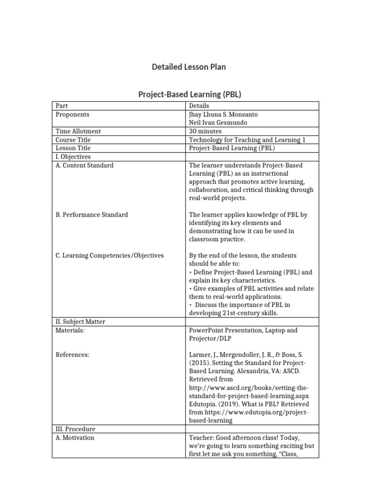 Detailed Lesson Plan (PBL) | PDF | Project Based Learning | Learning