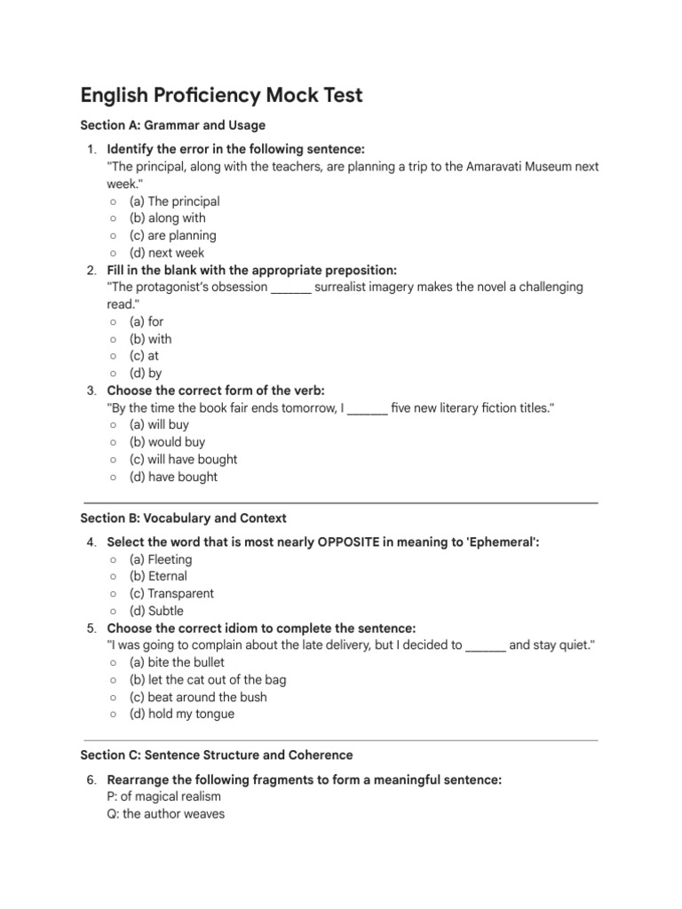 English Proficiency Mock Test | PDF | Linguistics