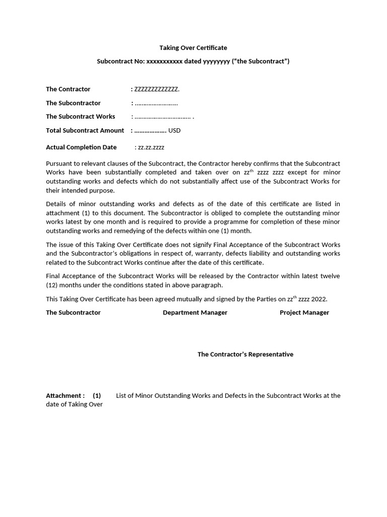 Sample Take Over Document | PDF