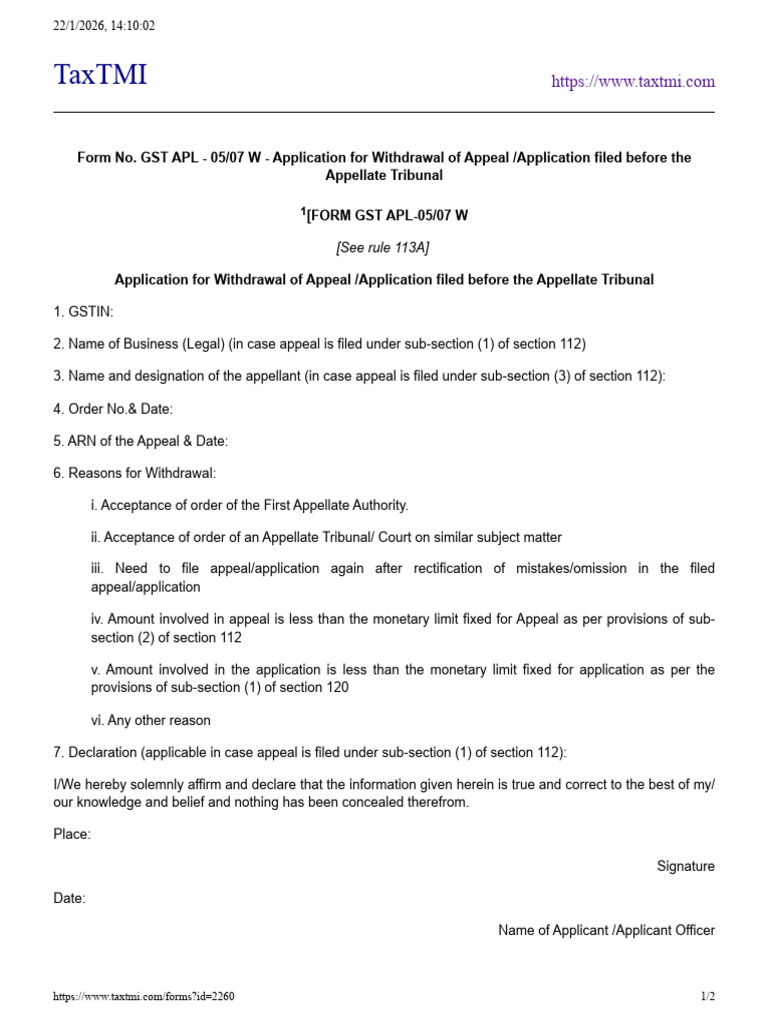 Form No. GST APL - 05 - 07 W - Application For Withdrawal of Appeal ...