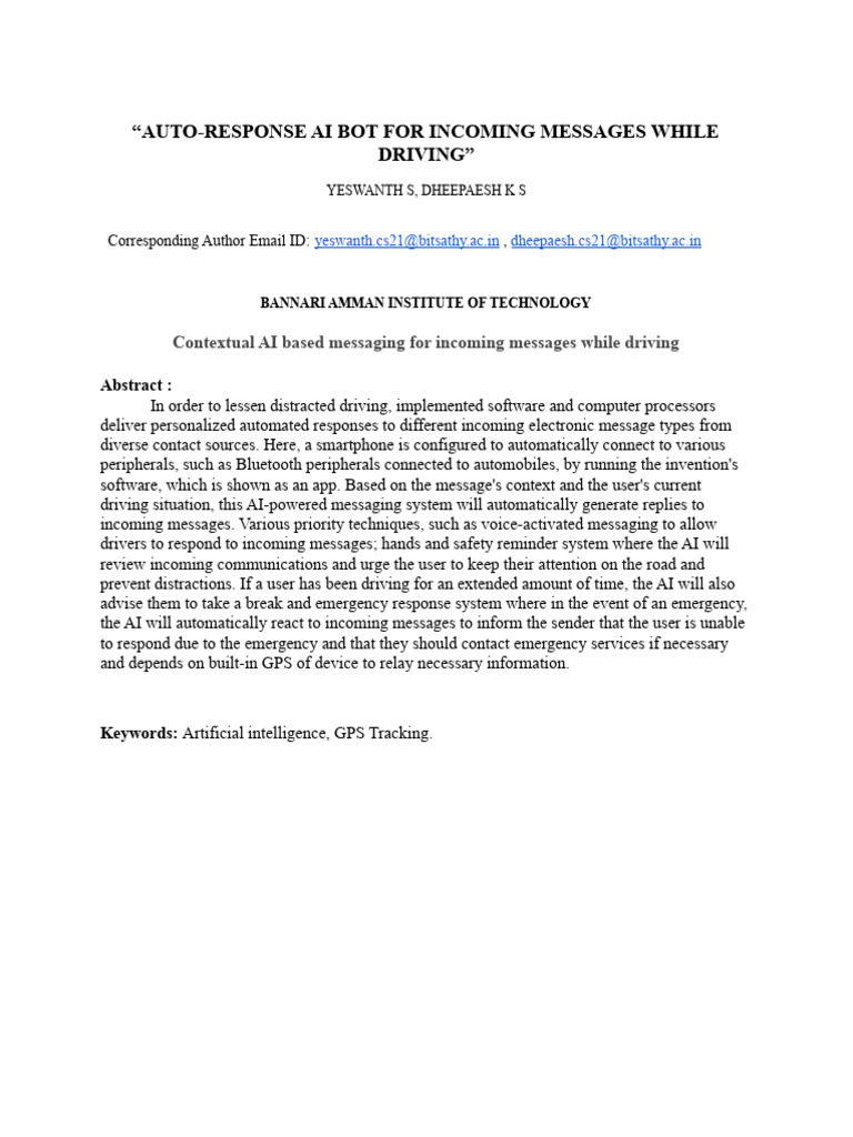 Auto-Response Ai Bot For Incoming Messages While Driving | PDF