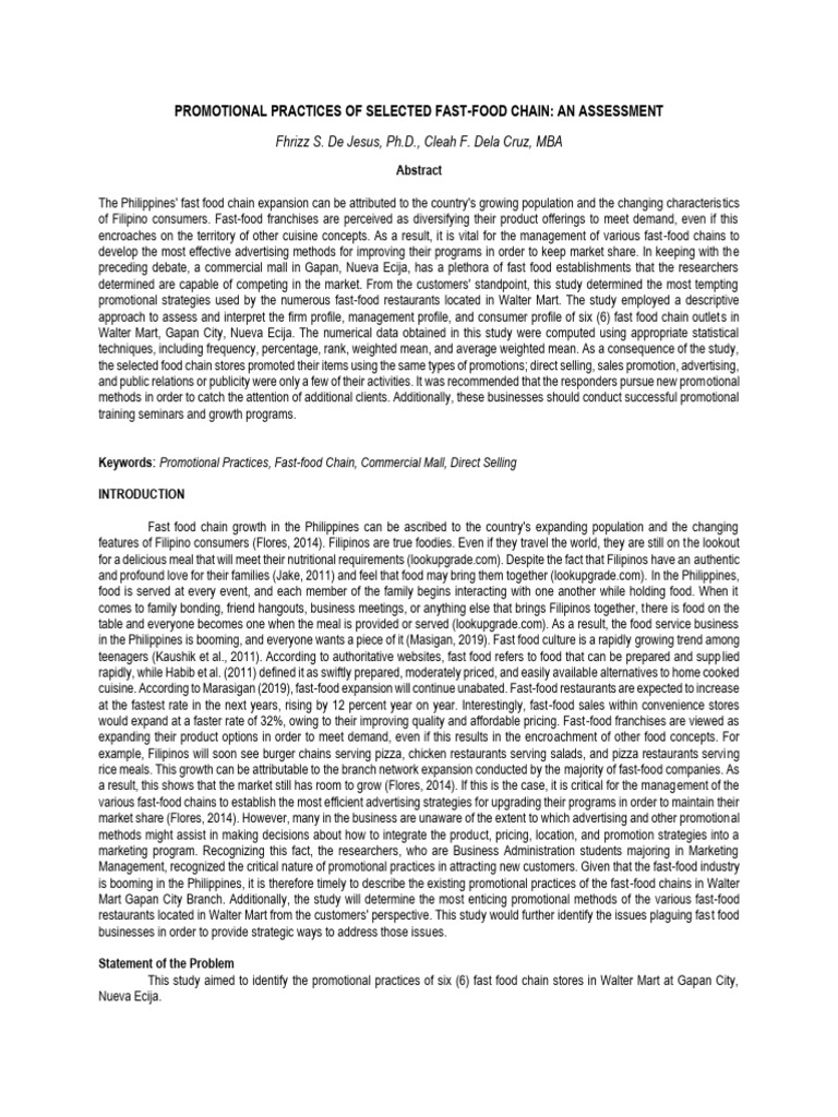 Promotionalpracticesofselectedfast Foodchain | PDF | Fast Food | Marketing