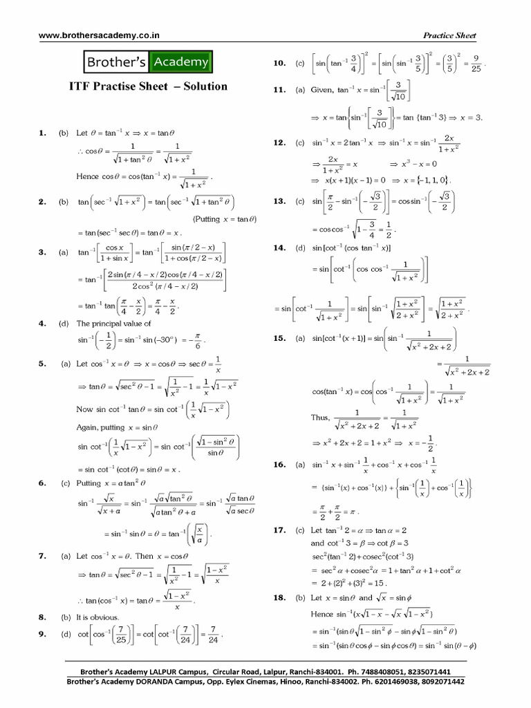 Inverse Trigonometric Function - Practise Sheet Solution | PDF