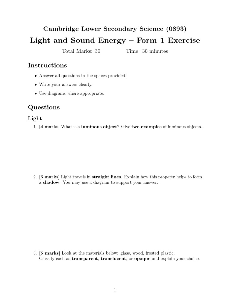Exercise For Form 1 On Light and Sound | PDF