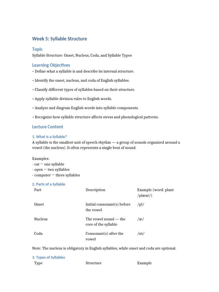 Week 5 Syllable Structure | PDF | Syllable | Consonant