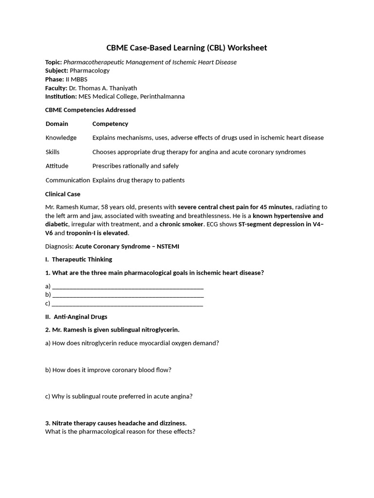 CBME Aligned Worksheet | PDF | Myocardial Infarction | Coronary Artery ...