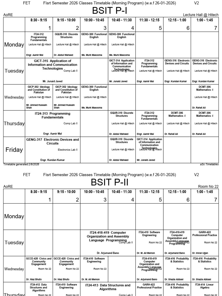 Timetable IT - DS - SW Morning First Sem 2026 V2 | PDF | Information ...