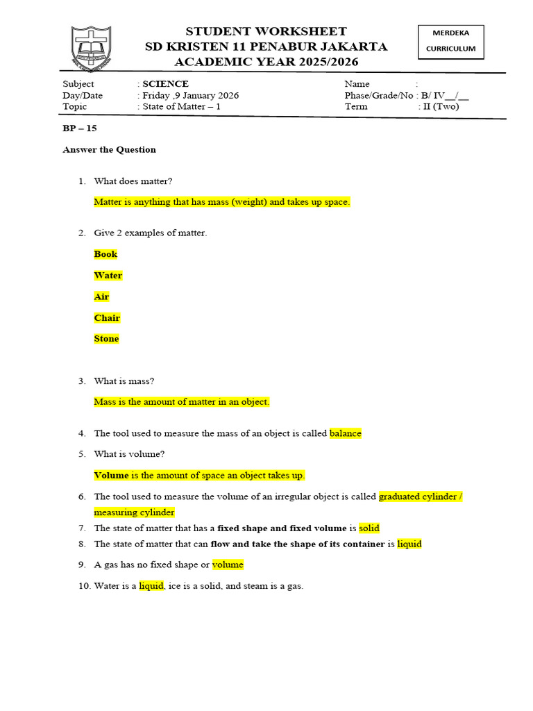 LKPD Science State of Matter - 1 Answer Key | PDF
