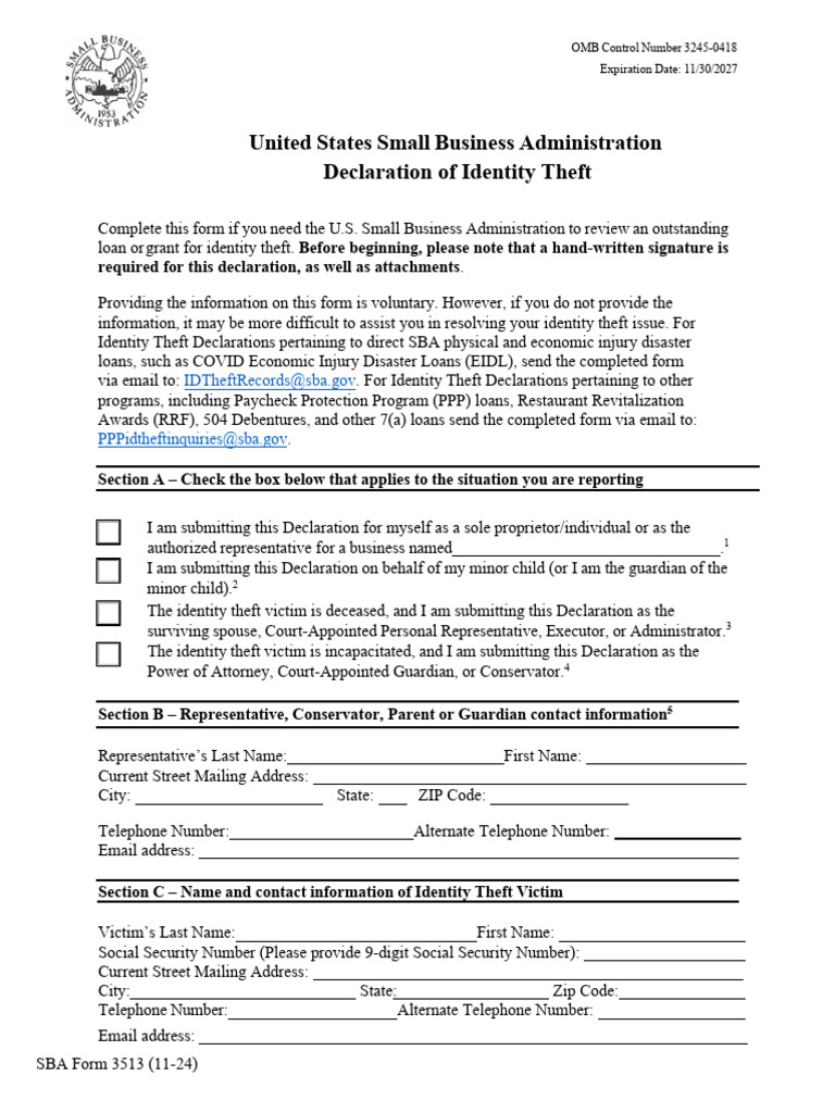 SBA Form 3513 (11-24) Declaration of Identity Theft | PDF | Small ...