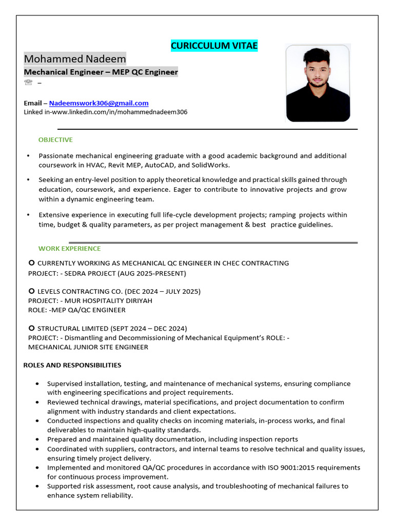 Mechanical QC Engineer -Mohammed Nadeem | PDF | Quality Assurance ...