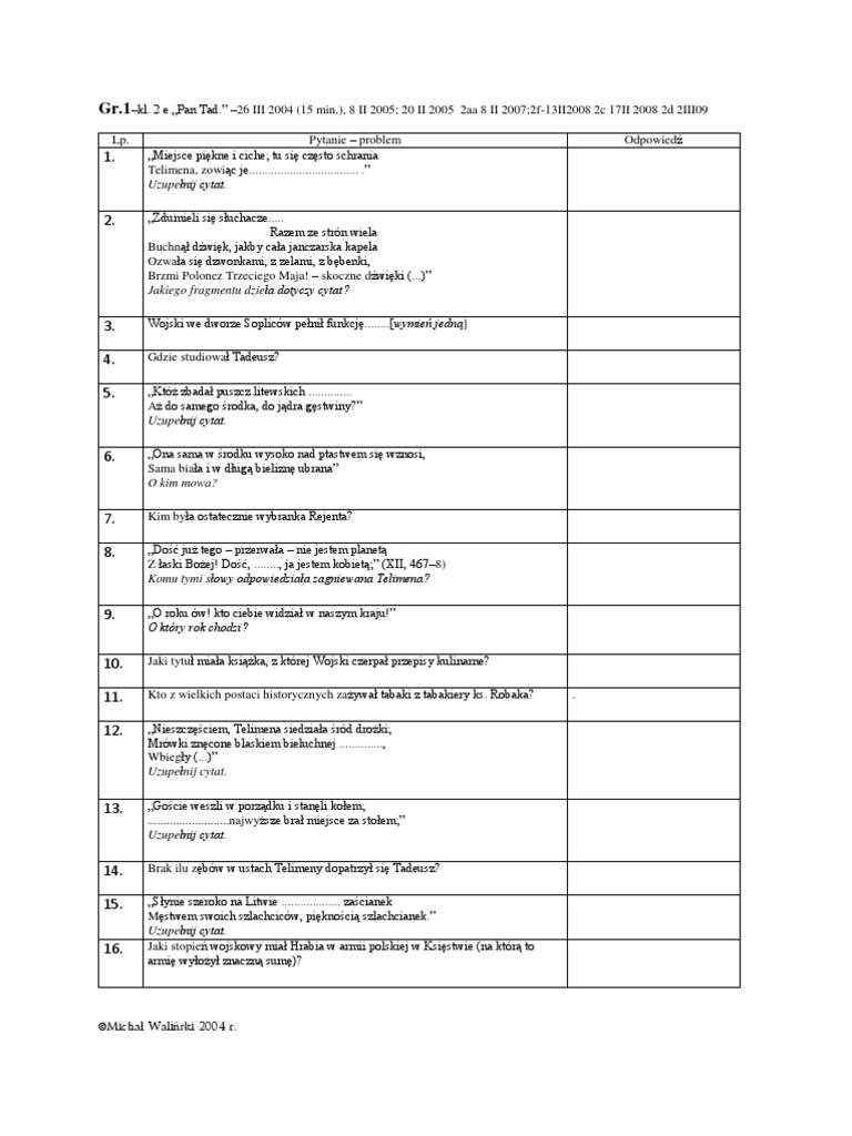Test Z Pana Tadeusza Klasa 8