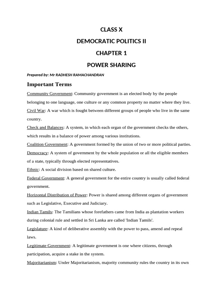 10 CH 1 Power Sharing Notes | PDF | Sri Lanka | Democracy