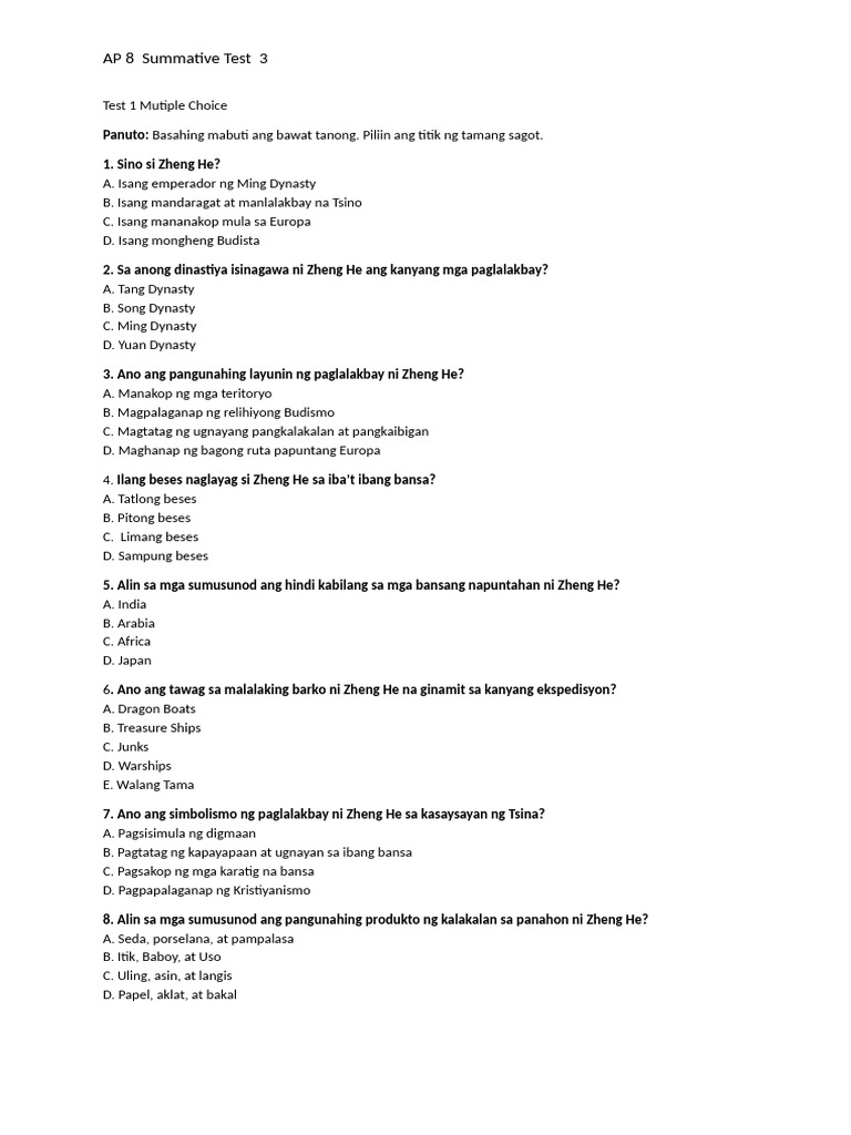 AP 8 Summative Test 3 Quarter 2 (AutoRecovered) | PDF