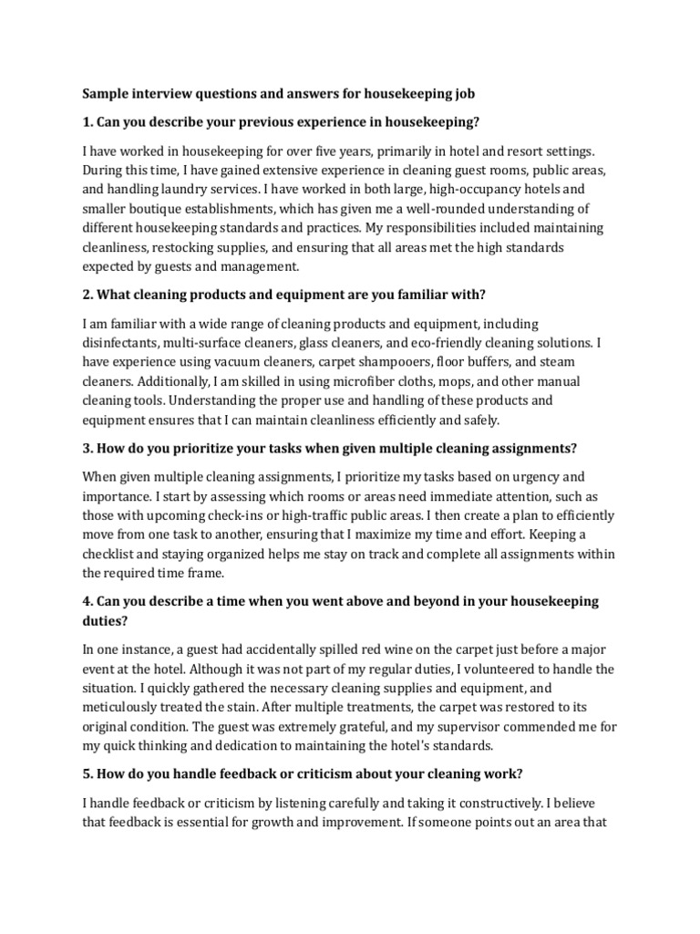 Sample interview questions and answers for housekeeping job | PDF ...