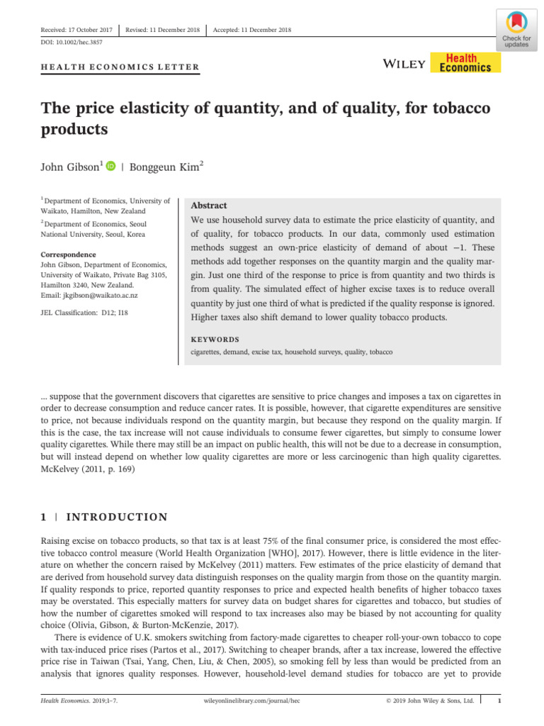The Price Elasticity of Quantity, And of Quality, For Tobacco | PDF ...