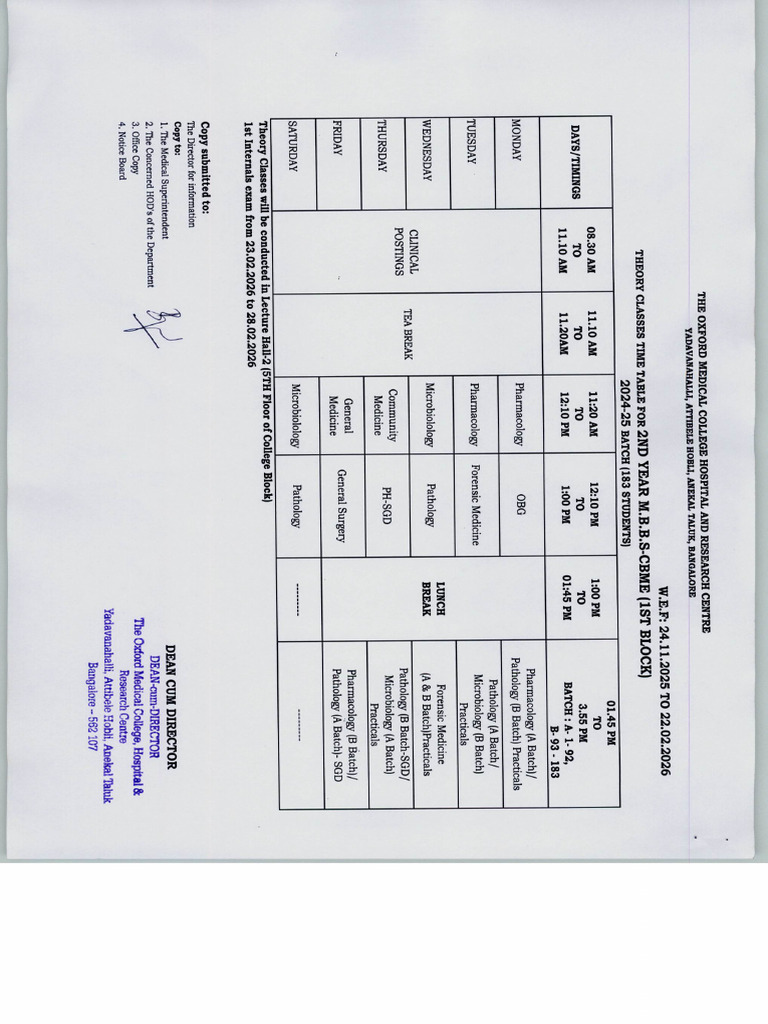 2nd Year MBBS Block 1 Theory & Clinical Time Table | PDF