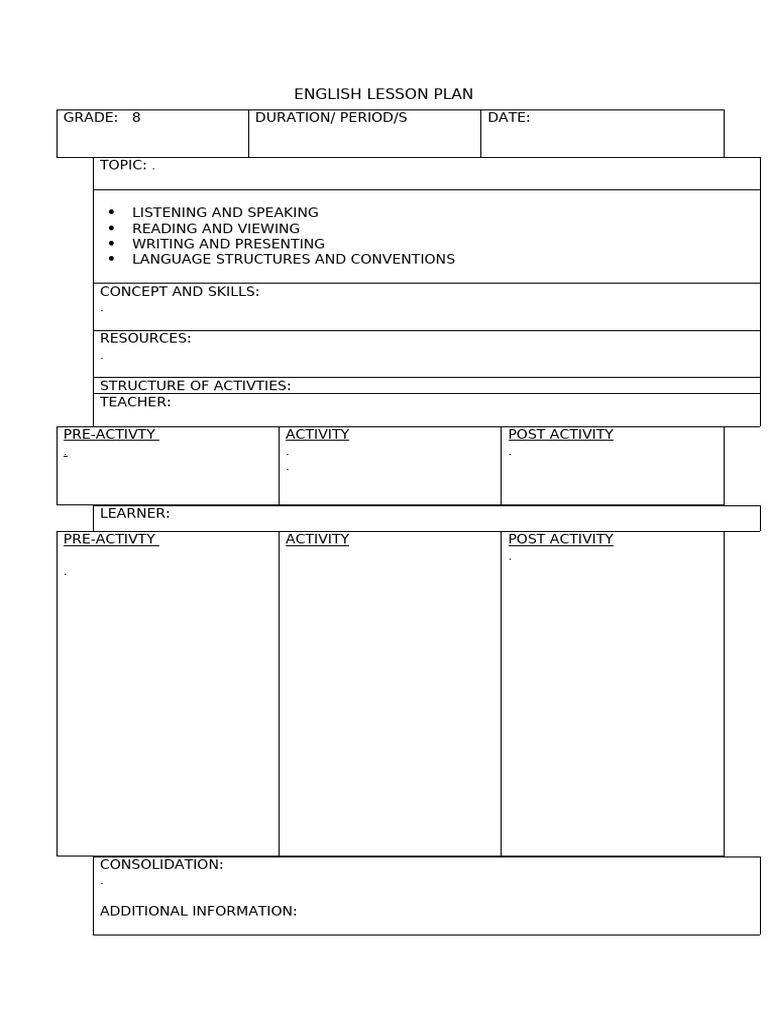 English Lesson Plan Template | PDF