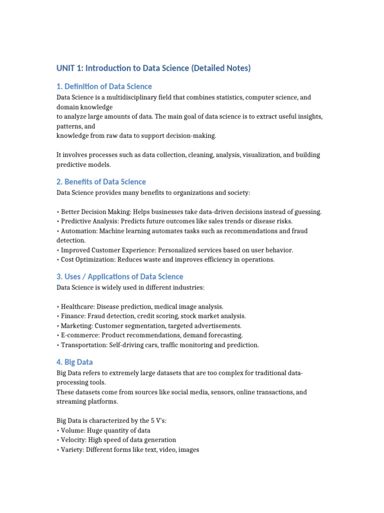 Unit1_DataScience_Detailed_Notes | PDF | Data Science | Data