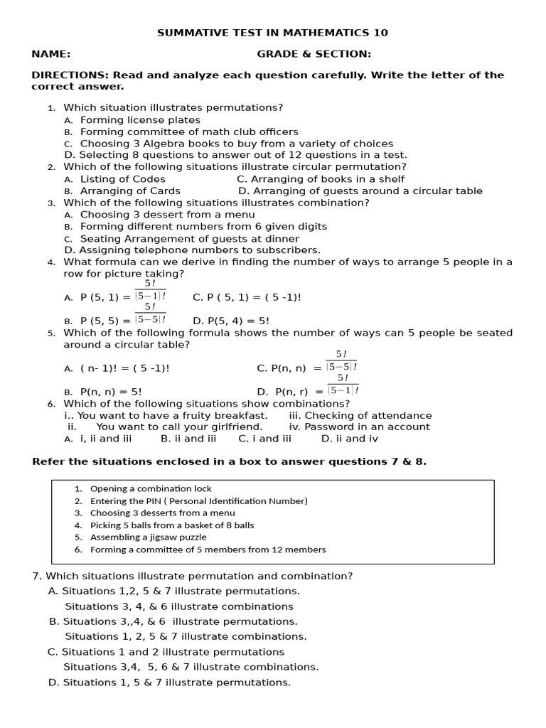 Summative Test in Mathematics 10 | PDF | Odds | Probability