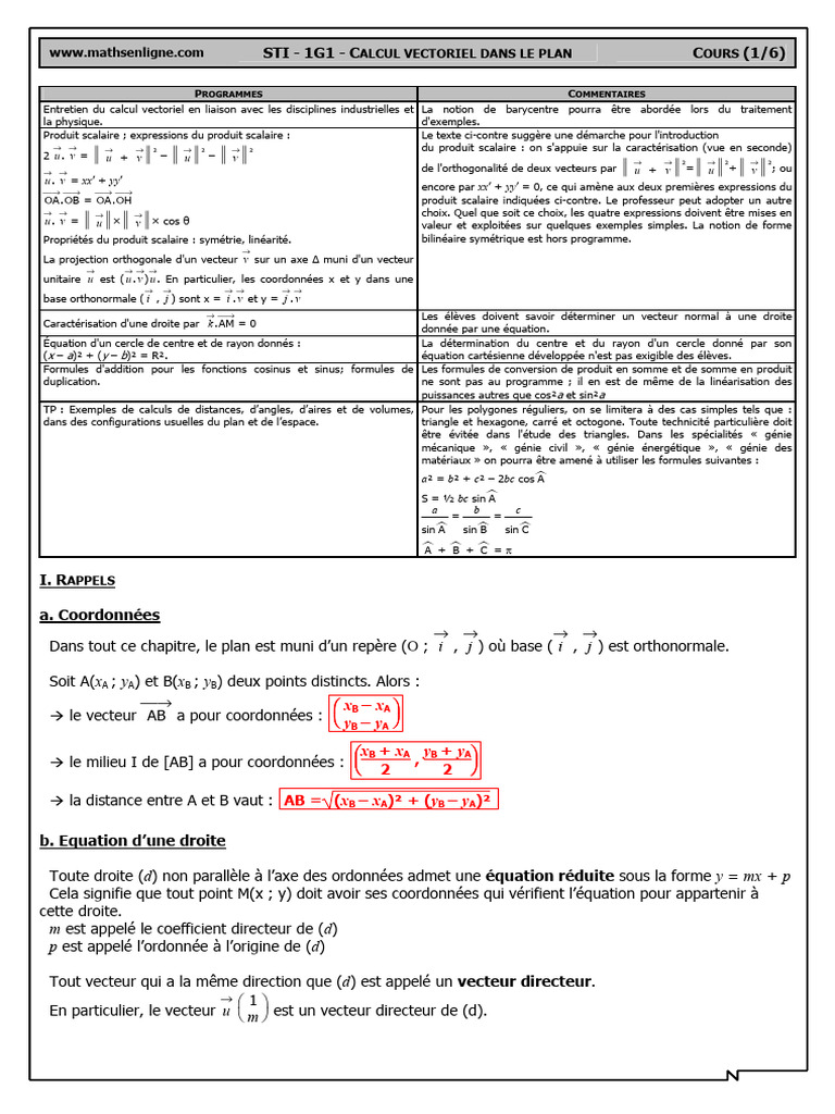 STI 1G1 Crs | PDF | Droite (mathématiques) | Scalaire (mathématiques)
