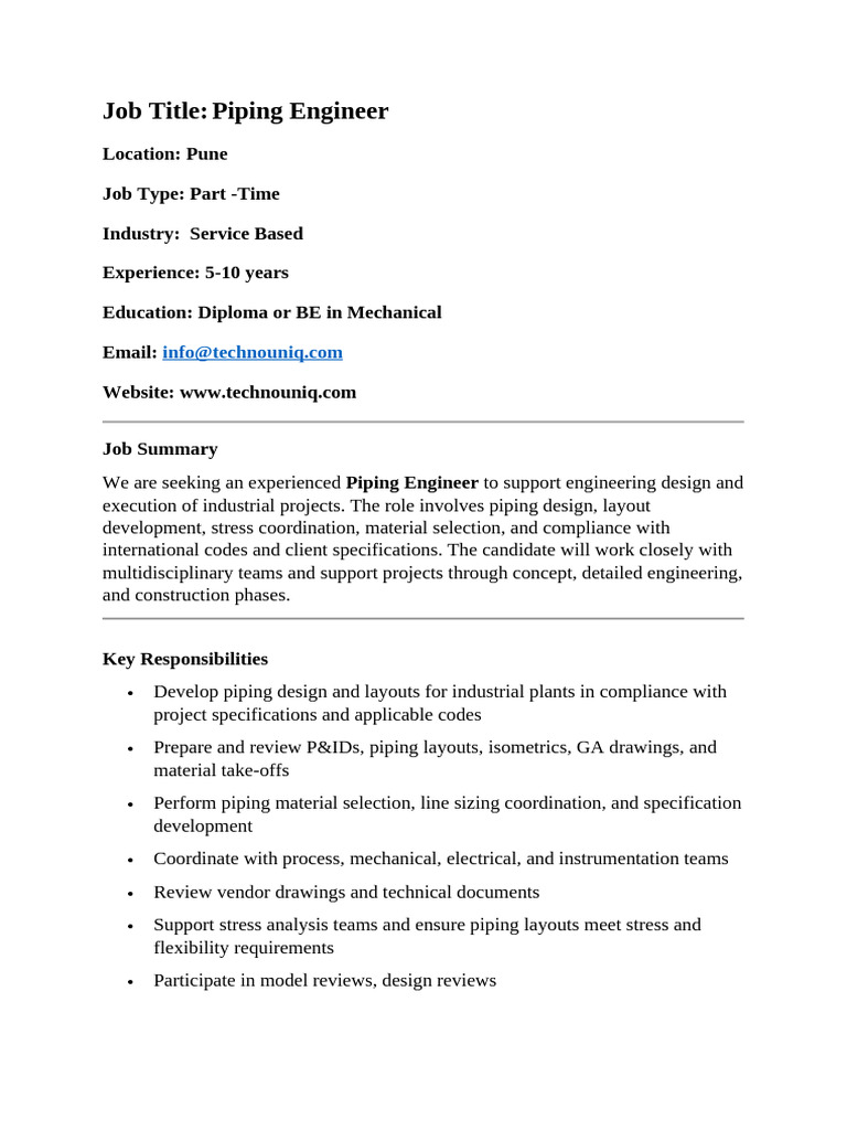 JD For Piping Mechninical Engineer | PDF