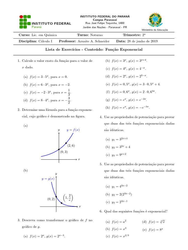 Lista de Exercícios 6 - Cálculo I - 2º Trimeste - Função Exponencial ...