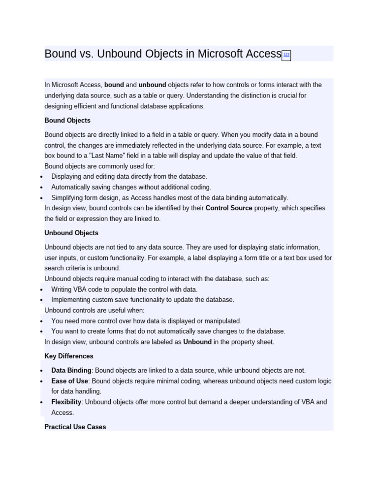 Bound Vs Unbound Objects in Microsoft Access | PDF | Databases ...