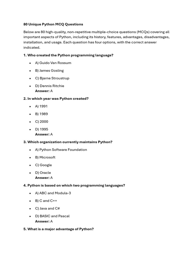 80 Unique Python MCQ Questions | PDF | Python (Programming Language ...