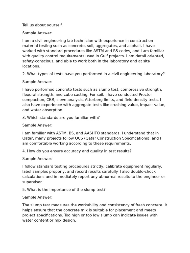 Lab Technician Interview Questions Answers | PDF | Concrete