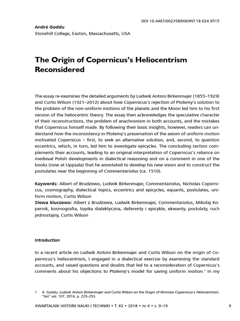 Andre Goddu - The Origin of Heliocentrism | PDF | Nicolaus Copernicus ...